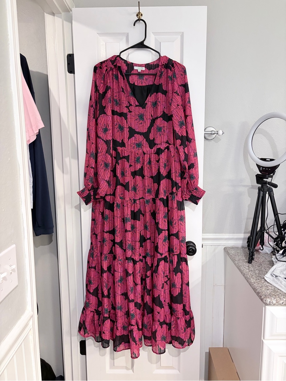 Jade Melody Tam Floral Tiered Maxi Dress Black Pink Medium